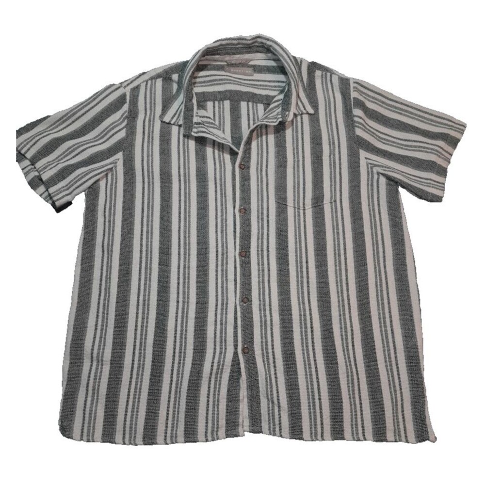 Distortion Men's Havana Green & Cream Textured Striped Button Down Shirt XL Boho